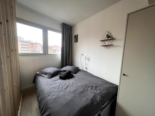 une chambre avec un lit avec des oreillers et une fenêtre dans l'établissement Proche métro - fac de droit - centre ville, à Toulouse