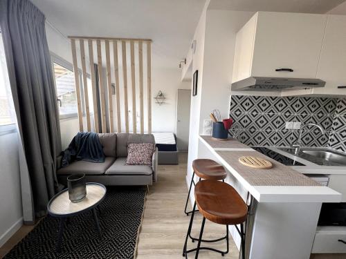 une cuisine et un salon avec un canapé dans l'établissement Proche métro - fac de droit - centre ville, à Toulouse