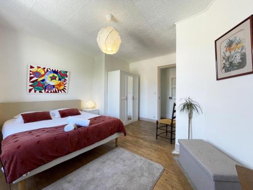 Au fil de l’Eure, quartier authentique et plein de charme في شارتر: غرفة نوم بسرير كبير مع بطانية حمراء