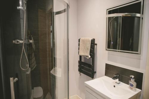 a bathroom with a shower and a sink and a mirror at Hidden Oasis in the heart of Kingsbridge in Kingsbridge