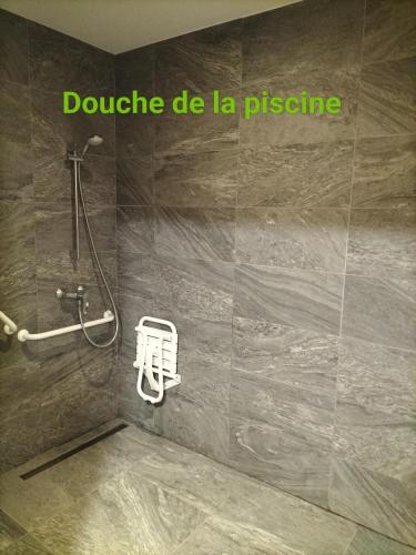 La salle de bains est pourvue d'une douche et d'un mur en pierre. dans l'établissement Le hameau des Rennes, à Vars