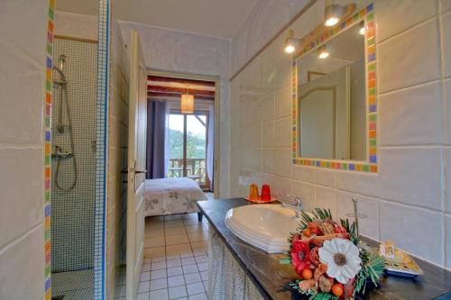 a bathroom with a sink and a mirror at chambres d'hôtes las Vignes in Beaucens