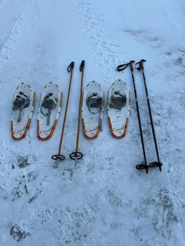 a group of skis and ski poles in the snow at Heggelund in Svensby
