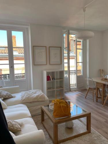 un salon avec un canapé et une table dans l'établissement CAPITOLE - Appartement T2 au cœur de la ville rose, à Toulouse