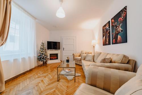 a living room with a couch and a christmas tree at ALBERT RESIDENCE Aparthotel in Braşov