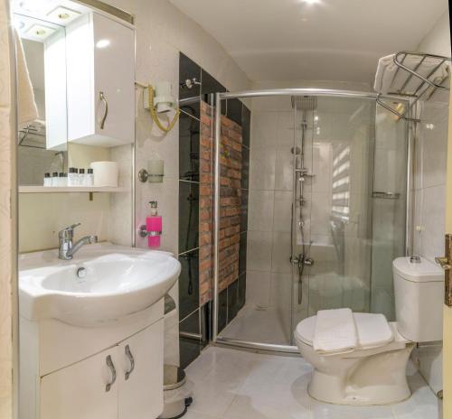 a bathroom with a shower and a sink and a toilet at Taksim City Suite in Istanbul
