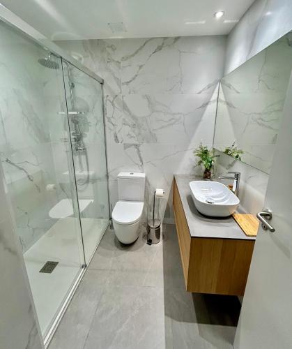 a bathroom with a shower and a toilet and a sink at Plaza Tomás in Pamplona