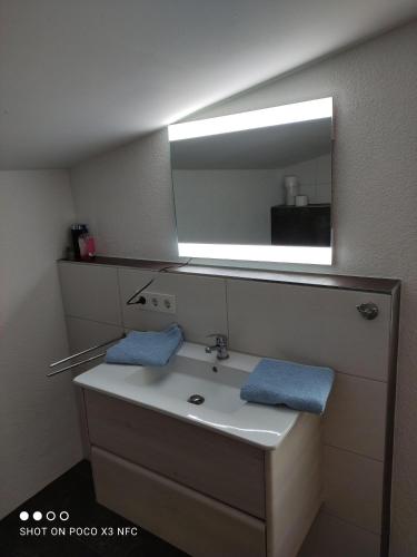 a bathroom with a sink and a mirror at Leipzig-Neuseeland-Ferienwohnung in Rötha