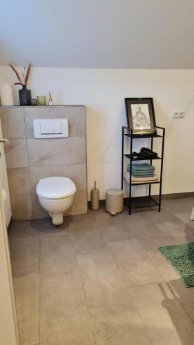 a bathroom with a white toilet in a room at Ferienwohnung III Beck-Bräu nahe Bamberg in Trabelsdorf