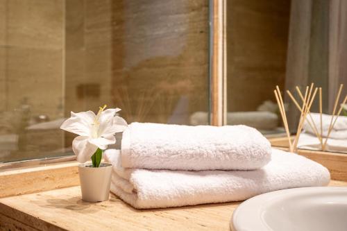 a pile of towels sitting on a counter next to a sink at Sabanell Central Park in Blanes