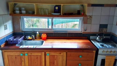 a kitchen with a sink and a window at Cabañas Las Violetas Patagonia in El Bolsón