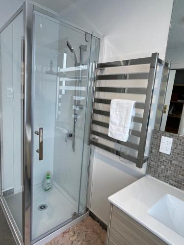 a bathroom with a shower and a sink at Home in Church corner in Christchurch