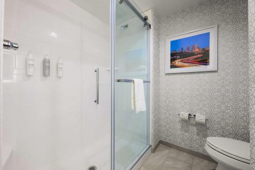 a bathroom with a shower and a toilet at Hampton Inn & Suites Bessemer Birmingham in Bessemer