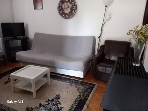 ein Wohnzimmer mit einem Sofa und einem Stuhl in der Unterkunft Apartmani Pavlov in Aranđelovac