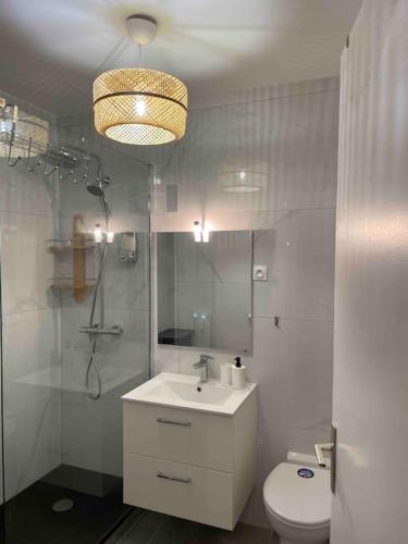 La salle de bains est pourvue d'un lavabo, de toilettes et d'un lustre. dans l'établissement Appartement design pour 6 pers dans le centre de Salon de Pce - Proche Fontaine Moussue, à Salon-de-Provence