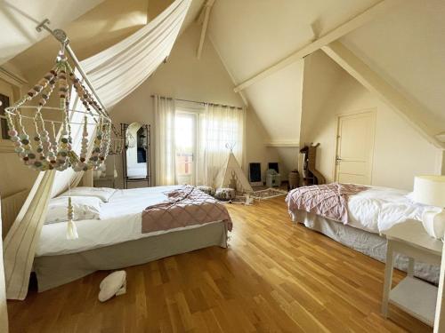 a bedroom with two beds and a chandelier at Souvenirs en campagne in Sours