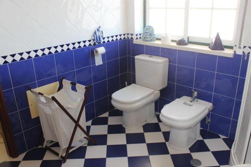 bagno piastrellato blu con servizi igienici e lavandino di Villa Terra da Eira-Sea view a Lourinhã