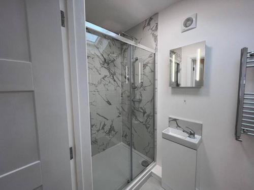 a bathroom with a shower and a sink at Luxury, 3 Bed, 2 Bathroom, Free Private Parking in Oxford