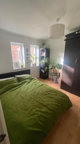 a bedroom with a large green bed in it at Best Spot near Stratford in London