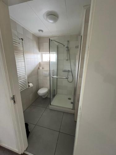 a bathroom with a shower and a toilet at La Cabane Penthouse in Nieuwvliet-Bad