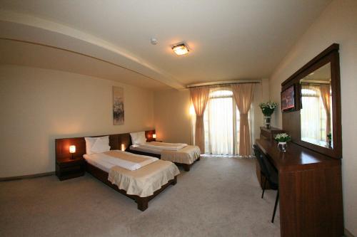 a bedroom with two beds and a desk and a mirror at Pension Passion in Târgu-Mureş