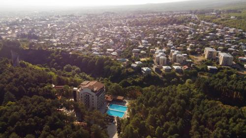 an aerial view of a city with trees at Zuzumbo Resort & Spa in Tʼelavi