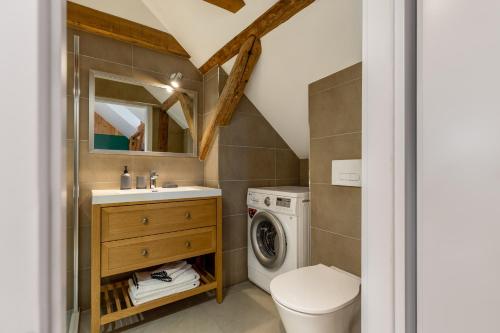 uma casa de banho com um lavatório e uma máquina de lavar roupa em Chabi Chalet Gîte au coeur d'Eguisheim em Eguisheim