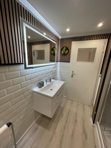 a bathroom with a white sink and a mirror at Ferienhaus Greta in Mastershausen