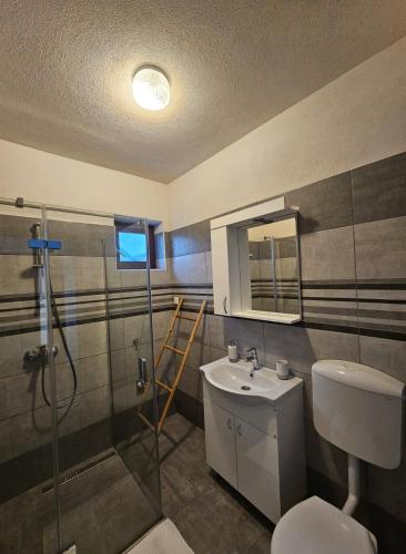 y baño con ducha, lavabo y aseo. en Studio apartman Dora en Ilok
