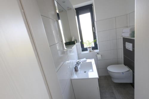 uma casa de banho branca com um lavatório e um WC em White Mountain Apartment em Banovci