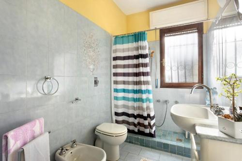 a bathroom with a toilet and a sink and a shower at Casa tra gli ulivi vicino al mare in Seravezza
