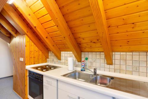 een keuken met een wastafel en houten plafonds bij Cheng 2 in Baden-Baden