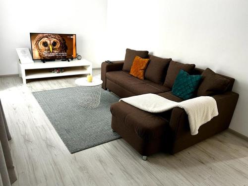 uma sala de estar com um sofá castanho e uma televisão em New cozy apartment in Otopeni near airport em Otopeni