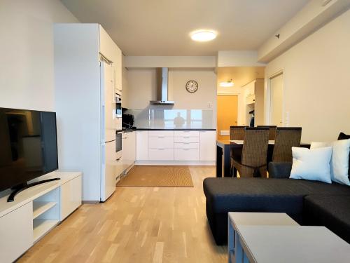ein Wohnzimmer mit einem Sofa und einer Küche in der Unterkunft Tilava Saunallinen Kaksio Parkkipaikalla in Tampere