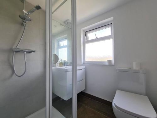 a bathroom with a shower and a toilet and a window at St Albans Stylish Suite with kitchenette in London Colney