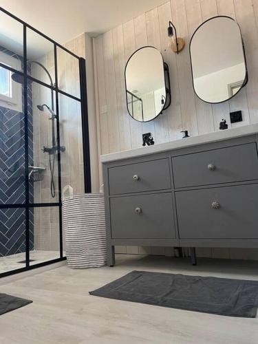 La salle de bains est pourvue d'une douche et d'une commode avec deux miroirs. dans l'établissement Agréable maison de ville en bord de mer, à Royan