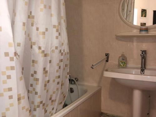 樂巴凱爾斯的住宿－Villa Port Barcarès, 3 pièces, 6 personnes - FR-1-81-372，浴室配有淋浴帘和盥洗盆。