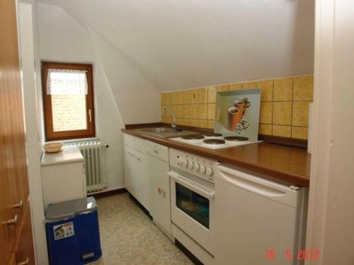a kitchen with a white stove and a sink at Ferienhof Jens Ferienwohnung 3 in Kronsgaard