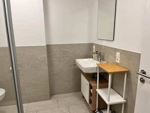 een badkamer met een wastafel en een spiegel bij Fewo Tenne in Menslage