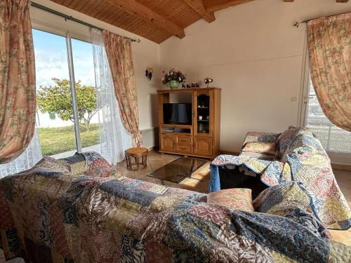 un salon avec un canapé et une télévision dans l'établissement Maison de vacances à 600m plage, 4 pièces, jardin, terrasse, parking – Barbâtre - FR-1-224B-460, à Barbâtre