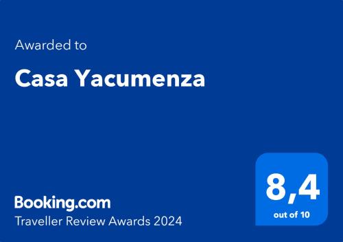 Сертификат, награда, вывеска или другой документ, выставленный в Casa Yacumenza