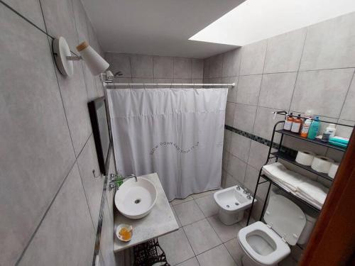 a bathroom with a shower and a toilet and a sink at Casa en Funes. Pileta, Parrilla & Parque. in Funes