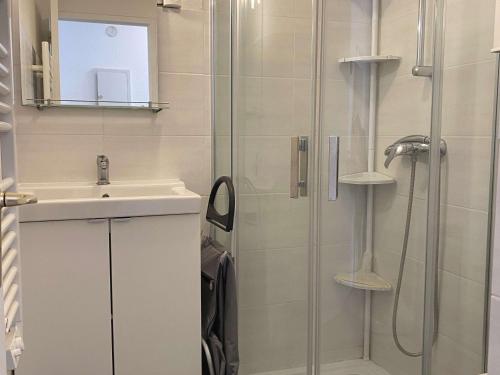 une salle de bain avec douche et lavabo dans l'établissement Studio rénové climatisé avec balcon, parking et wifi à Balaruc-les-Bains - FR-1-553-66, à Balaruc-les-Bains
