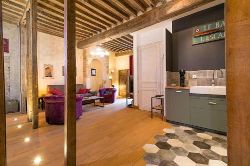 a kitchen and living room with a sink and a couch at L'Escale in Dijon