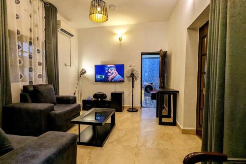 a living room with a couch and a tv at The Zen Haven in Uyo