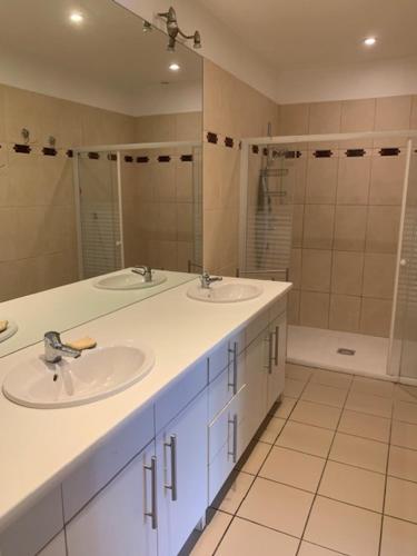 une salle de bain avec deux lavabos et une douche dans l'établissement La musette du Tarn, à Mostuéjouls