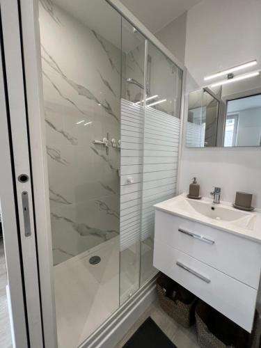 une salle de bain avec douche et lavabo dans l'établissement Studio - Spacious and well equipped, à Viroflay