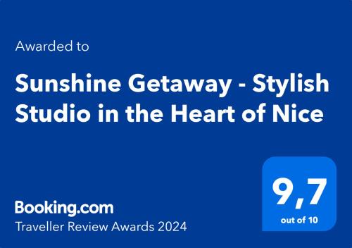 Palkinto, sertifikaatti, kyltti tai muu asiakirja, joka on esillä majoituspaikassa Sunshine Getaway - Stylish Studio in the Heart of Nice