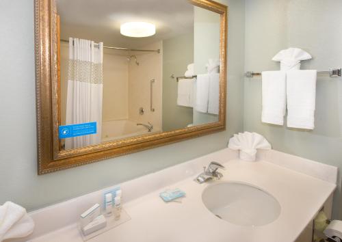 a bathroom with a sink and a mirror at Hampton Inn Spartanburg Hotel in Spartanburg