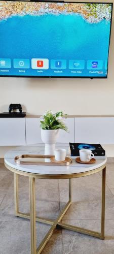 シビリにあるApartment Sunny Siviri (Σίβηρη)のテーブル(カップ2杯、鉢植え付)